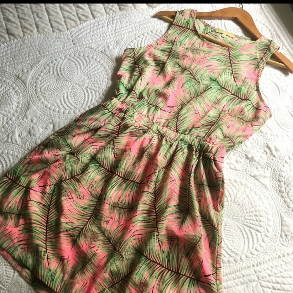 GIANNI BINI Palm Leaf Mini Dress Neon Pink Large
